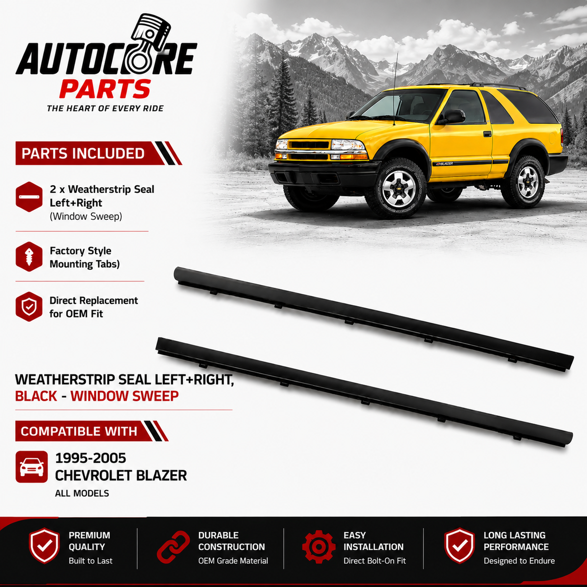 AutoCore Parts Weatherstrip Seal Window Sweep 2 PCS Left and Right Compatible with 1994-2005 Chevy S10 Blazer GMC Jimmy Sonoma | Direct Replacement | Black Pair | 6038475 6038476