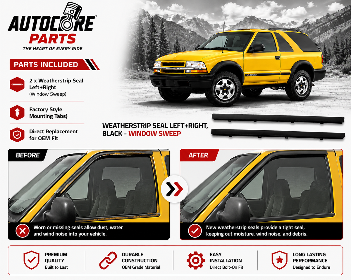 AutoCore Parts Weatherstrip Seal Window Sweep 2 PCS Left and Right Compatible with 1994-2005 Chevy S10 Blazer GMC Jimmy Sonoma | Direct Replacement | Black Pair | 6038475 6038476