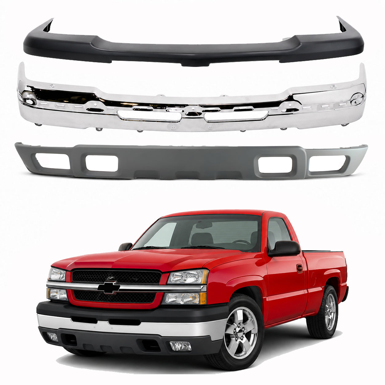 AutoCore Parts Front Bumper Face Bar Chrome + Upper Cover Textured + Lower Valance Textured Gray Compatible with 2002-2006 Chevrolet Silverado 1500 | Direct Replacement | GM1051110 GM1002416 GM1092173
