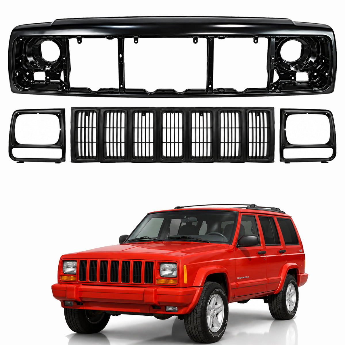 AutoCore Parts Front Header Panel Thermoplastic + Grille + Headlight Door Bezel Compatible with 1997-2001 Jeep Cherokee | Direct Replacement | CH1220115 CH1200208 CH2513157 CH2512157 55055233AF