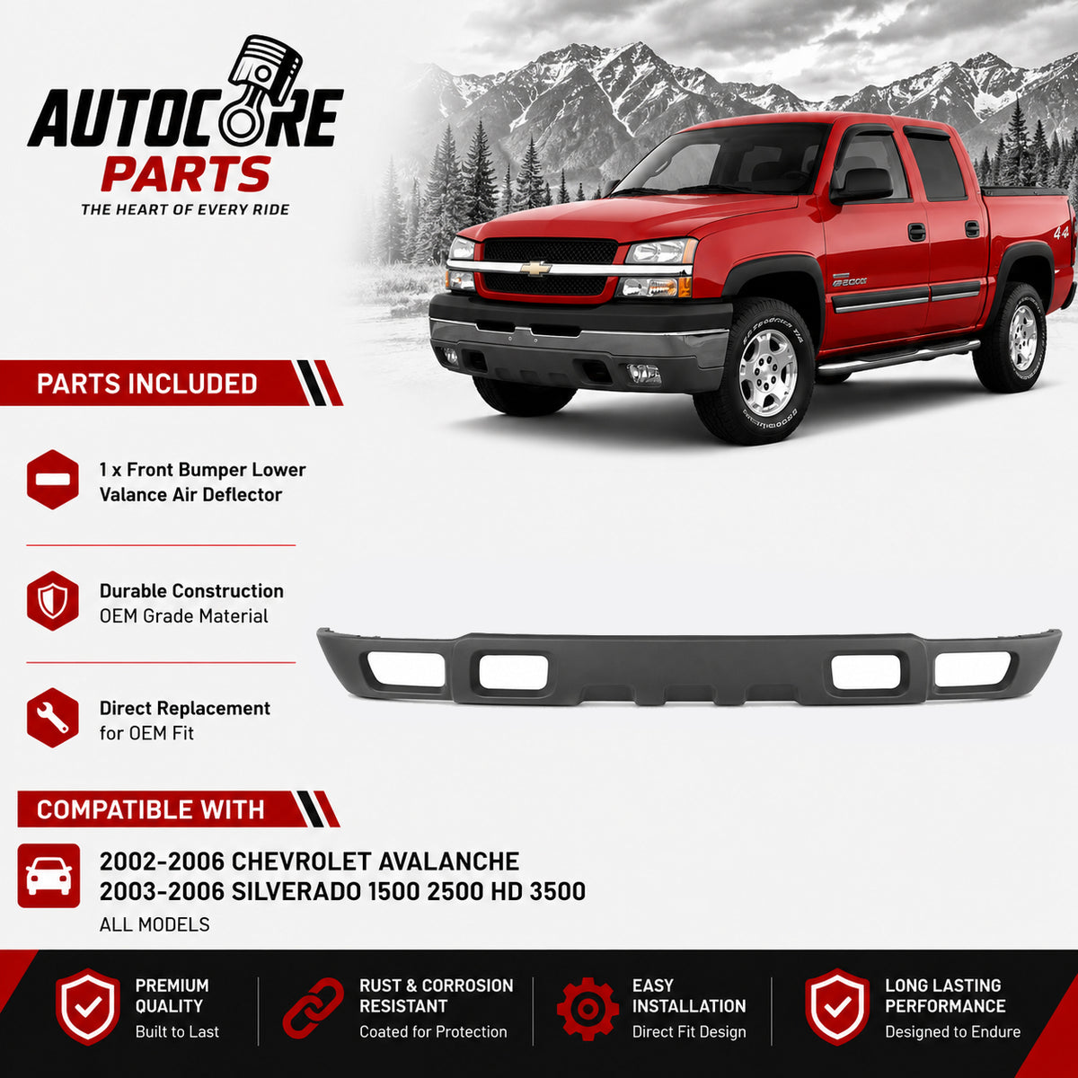 AutoCore Parts Front Bumper Lower Valance Air Deflector Textured Compatible with 2002-2006 Chevrolet Avalanche | 2003-2006 Silverado 1500 2500 HD 3500 | Direct Replacement | GM1092173 10367213