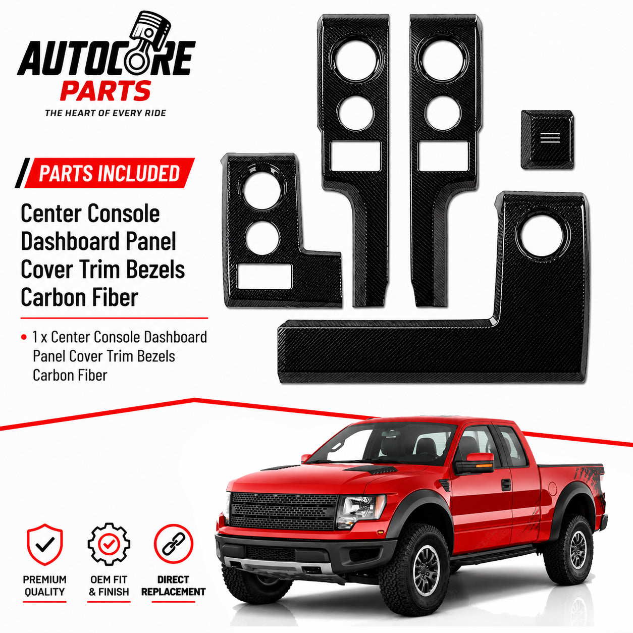 AutoCore Parts Center Console Dashboard Panel Cover Trim Bezels Compatible with 2009-2014 Ford F150 | Direct Replacement | Polished Black Carbon Fiber
