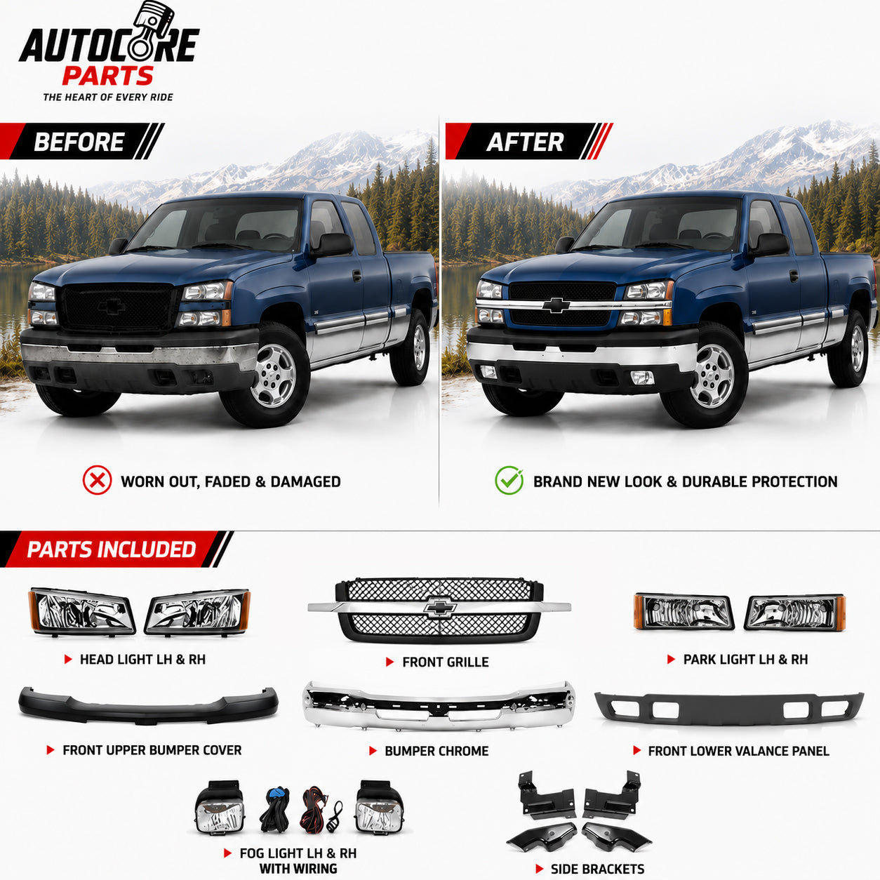 AutoCore Parts Front Bumper Chrome + Grille + Upper Cover + Lower Valance + Brackets + Headlights + Fog Lamps Left & Right Compatible With 2003-2006 Chevy Silverado 1500 | Direct Replacement GM1002416