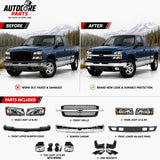 AutoCore Parts Front Bumper Chrome + Grille + Upper Cover + Lower Valance + Brackets + Headlights + Fog Lamps Left & Right Compatible With 2003-2006 Chevy Silverado 1500 | Direct Replacement GM1002416