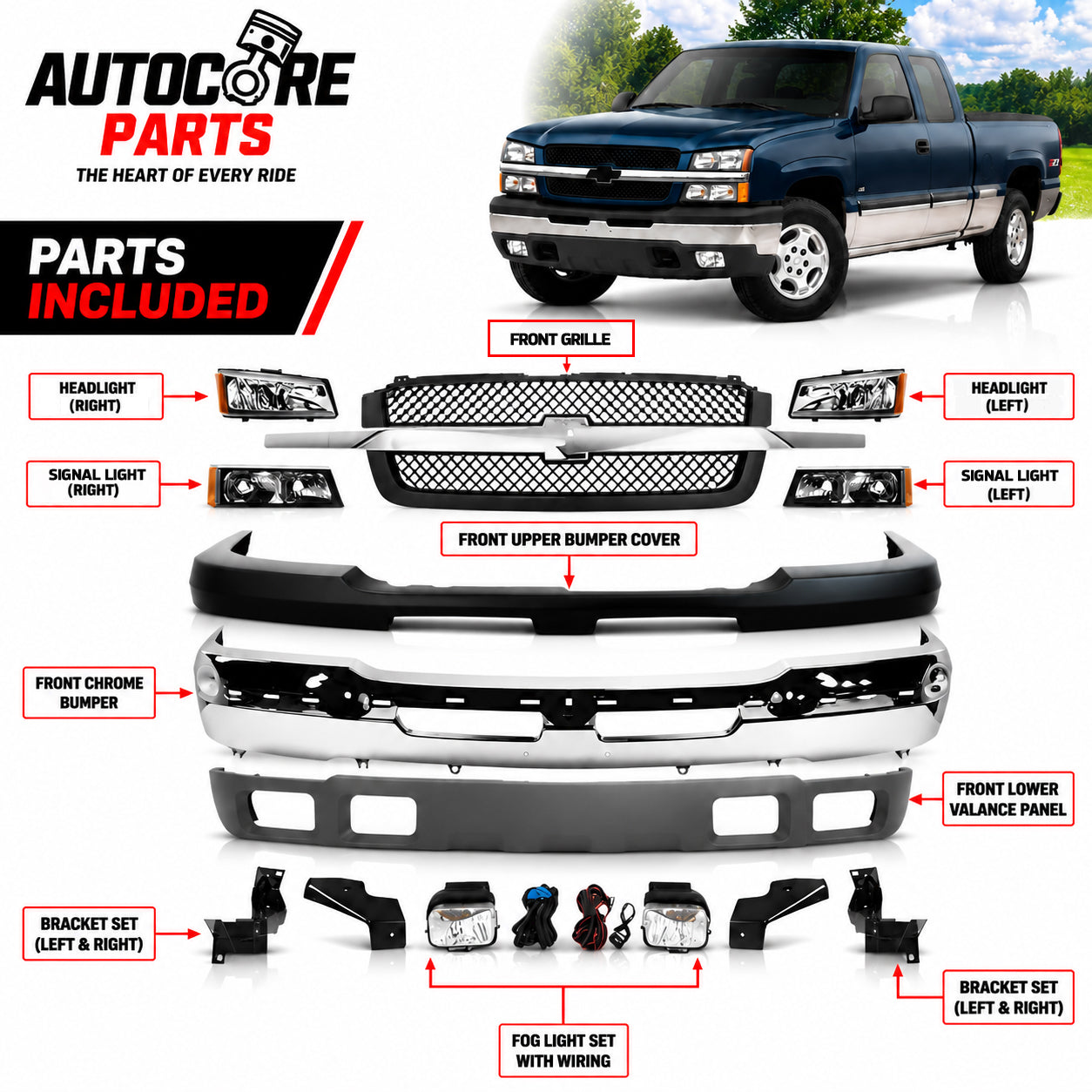 AutoCore Parts Front Bumper Chrome + Grille + Upper Cover + Lower Valance + Brackets + Headlights + Fog Lamps Left & Right Compatible With 2003-2006 Chevy Silverado 1500 | Direct Replacement GM1002416