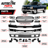 AutoCore Parts Front Bumper Chrome + Grille + Upper Cover + Lower Valance + Brackets + Headlights + Fog Lamps Left & Right Compatible With 2003-2006 Chevy Silverado 1500 | Direct Replacement GM1002416