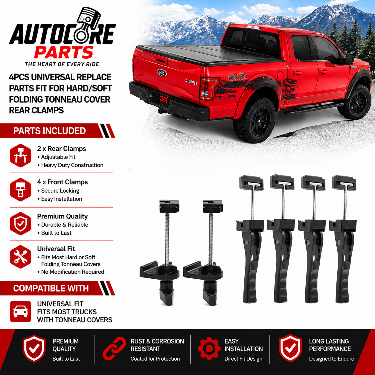 AutoCore Parts 4PCS Universal Replace Parts Fit for Hard | Soft Folding Tonneau Cover Rear Clamps