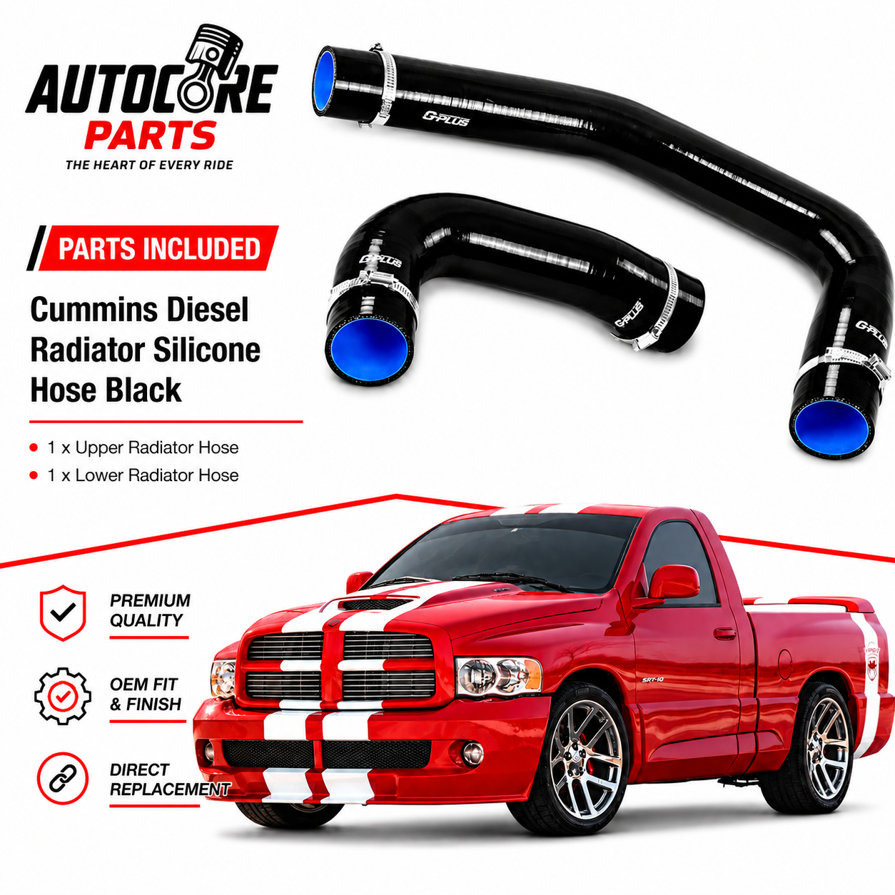 AutoCore Parts Cummins Diesel Radiator Silicone Hose Black Compatible with 2003-2010 Dodge Ram 5.9L 6.7L | Direct Replacement | 4.5mm | 3 ply