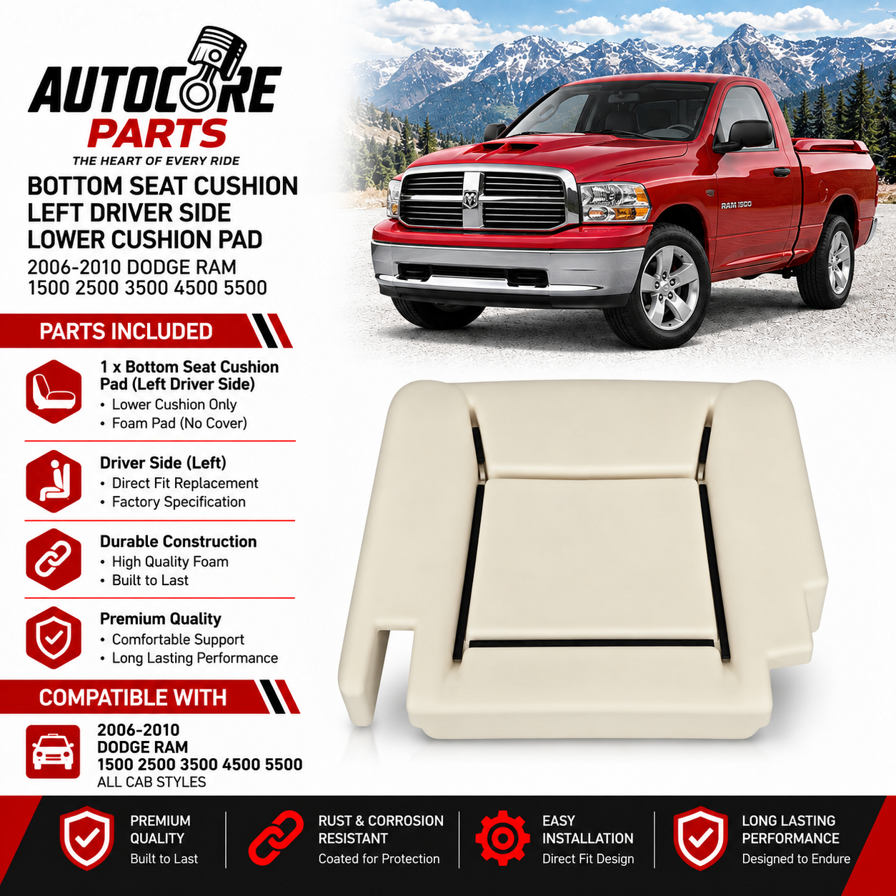 AutoCore Parts Bottom Seat Cushion Left Driver Side Compatible with 2006-2010 Dodge Ram 1500 2500 3500 4500 5500 Pickup | Direct Replacement | Lower Cushion Pad | 5180021AA