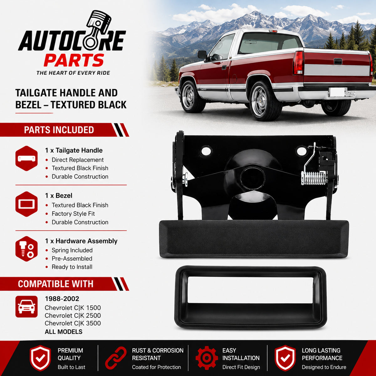 AutoCore Parts Tailgate Handle and Bezel Textured Black Set Compatible with 1988-2002 Chevrolet C|K 1500 2500 3500 | Direct Replacement | GM1916101 GM1915101 15991786 15991785 15606895 15531113