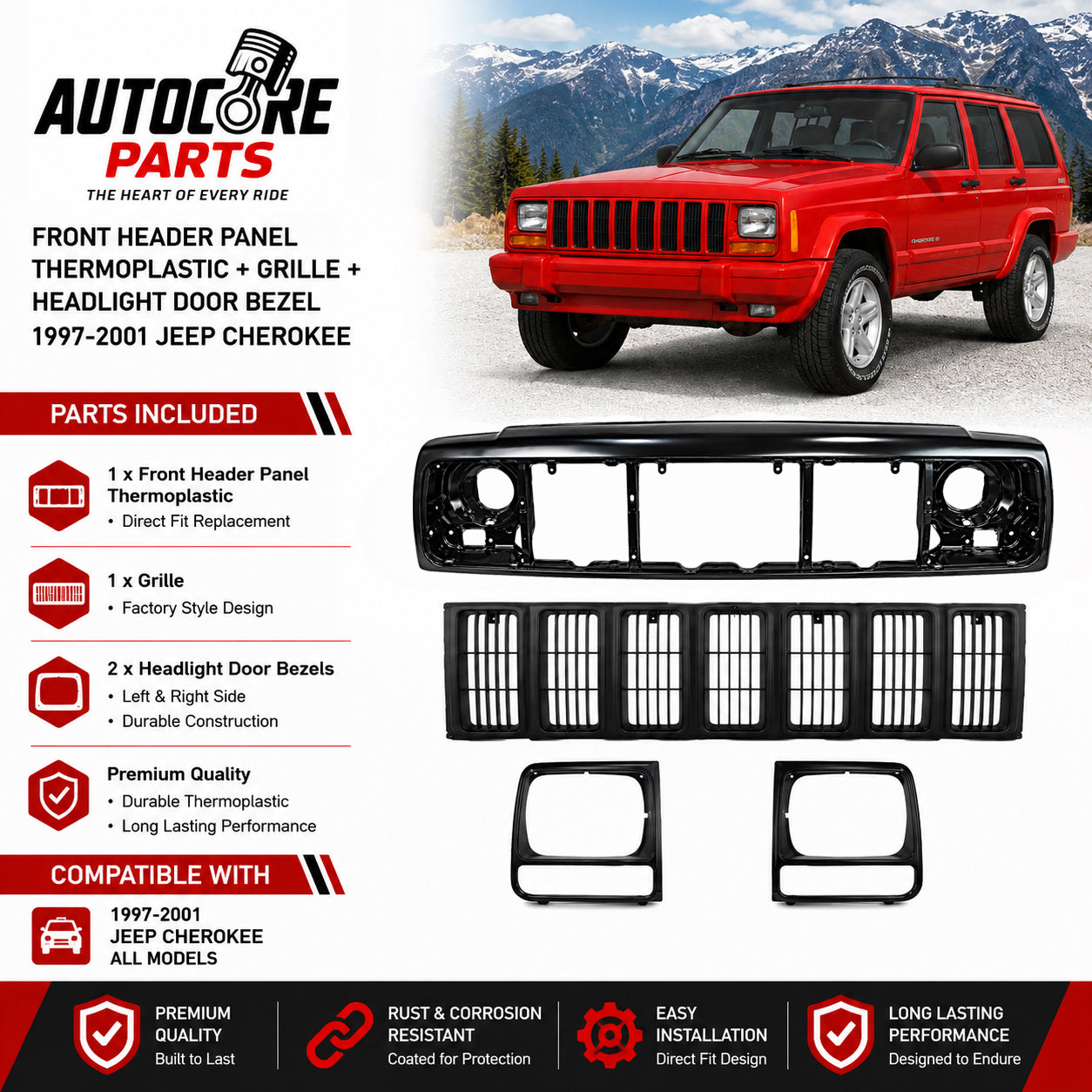 AutoCore Parts Front Header Panel Thermoplastic + Grille + Headlight Door Bezel Compatible with 1997-2001 Jeep Cherokee | Direct Replacement | CH1220115 CH1200208 CH2513157 CH2512157 55055233AF