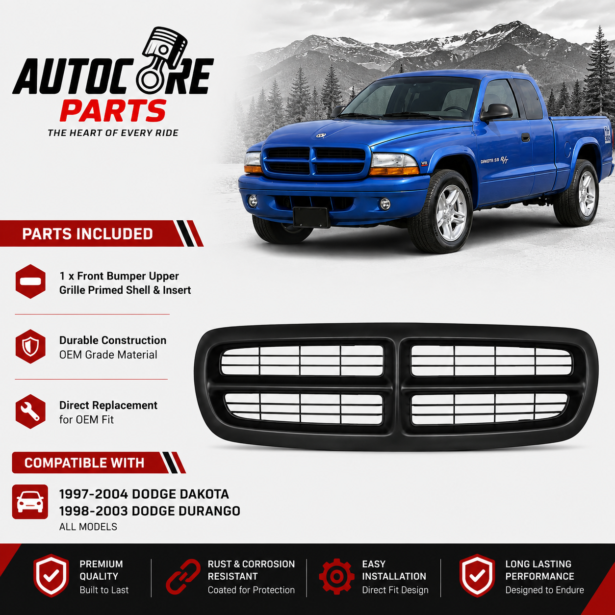 AutoCore Parts Front Bumper Upper Grille Primed Shell & Insert Compatible with 1997-2004 Dodge Dakota | 1998-2003 Dodge Durango | Direct Replacement | CH1200200 05179422AA