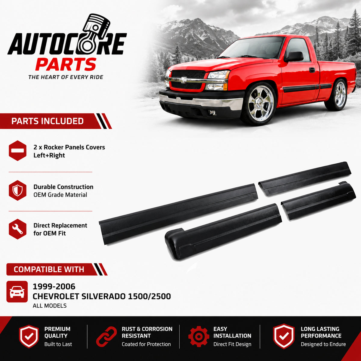 AutoCore Parts Rocker Panels Covers Guard Compatible with 1999-2006 Chevrolet Silverado | GMC Sierra 1500 2500 3500 Classic Extended Cab | Direct Replacement | 14068