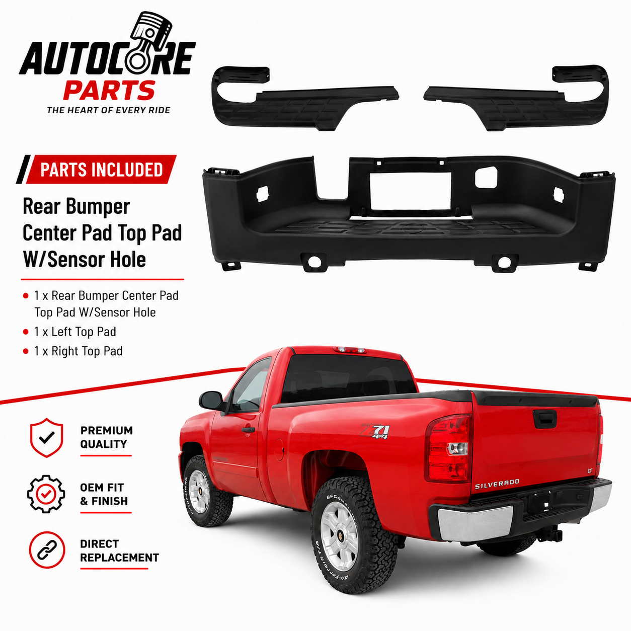 AutoCore Parts Rear Bumper Center Step Pad + Outer Left Driver & Right Passenger Side Compatible with 2007-2013 Chevrolet Silverado 1500 | Direct Replacement | GM1191124 GM1191125 GM1191128