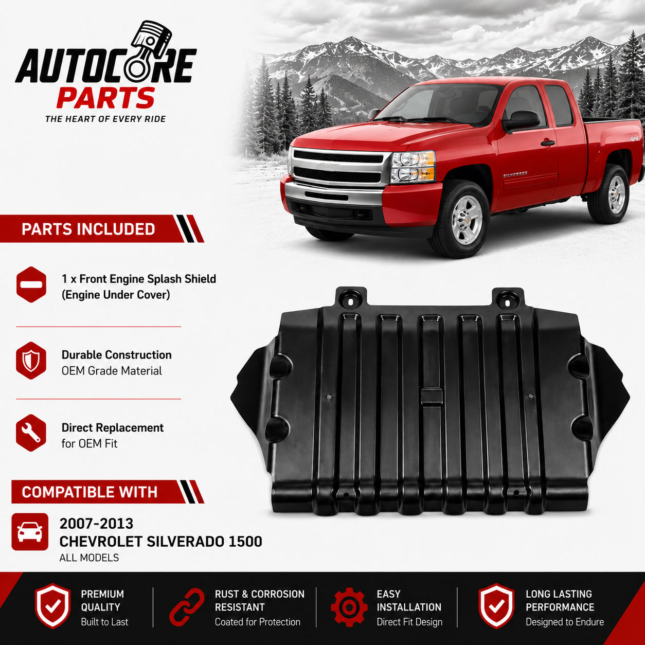 AutoCore Parts Front Engine Splash Shield Under Cover Compatible with 2007-2013 Chevrolet Silverado 1500 | Direct Replacement | GM1228139 22781371