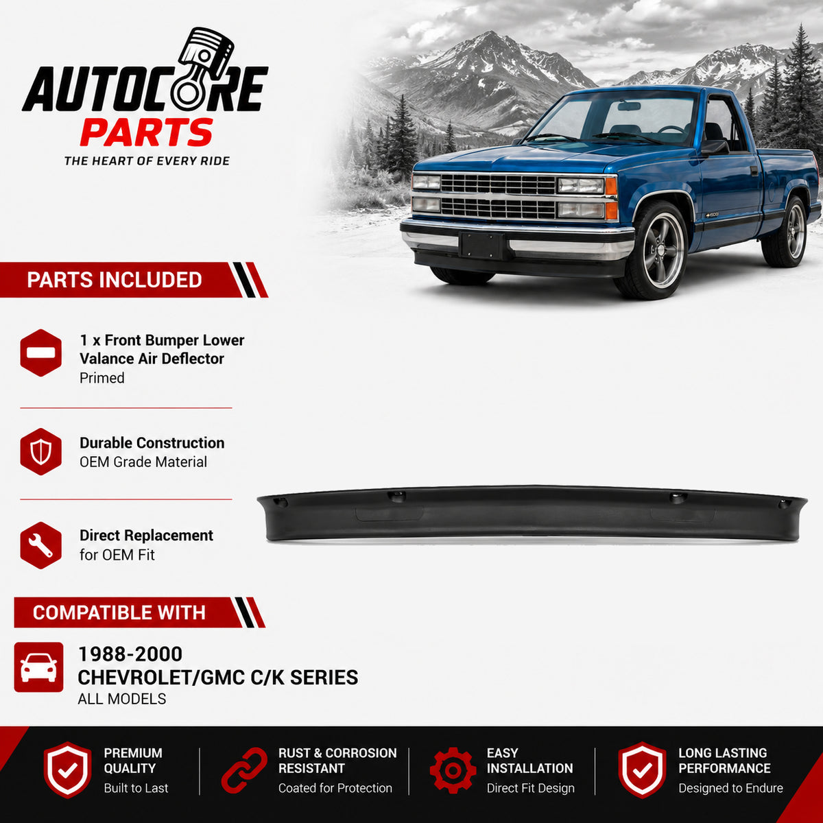 AutoCore Parts Front Bumper Lower Valance Air Deflector Primed Compatible with 1988-2002 Chevrolet | GMC C|K Series | 1992-2000 Yukon | 1995-2000 Tahoe | Direct Replacement | GM1090108 15569428