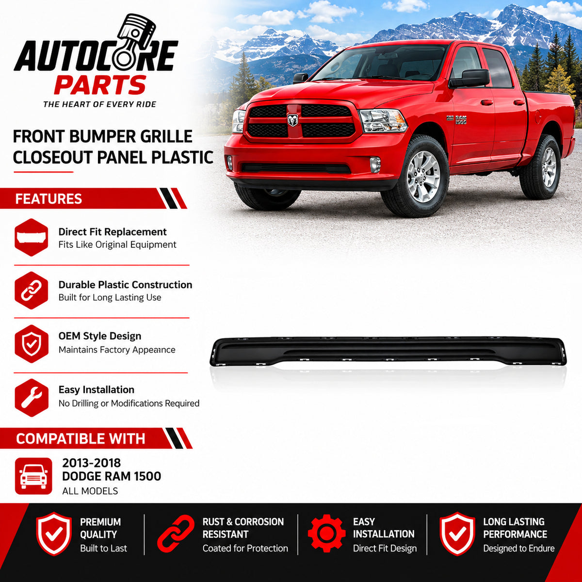 AutoCore Parts Front Bumper Grille Closeout Panel Plastic Compatible with 2013-2018 Dodge Ram 1500 | Direct Replacement | CH1036159 68207015AA