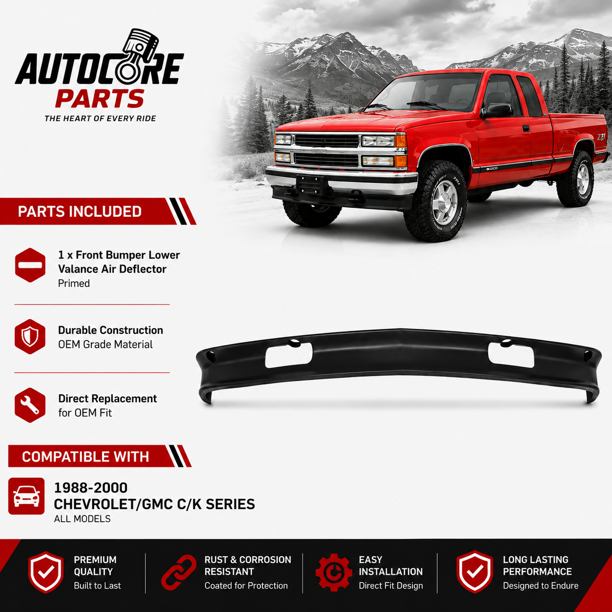 AutoCore Parts Front Bumper Lower Valance Air Deflector Primed With Tow Hook Holes Compatible with 1988-2000 Chevrolet | GMC C|K Series | Direct Replacement | GM1090105 15569430