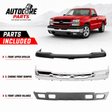 AutoCore Parts Front Bumper Face Bar Chrome + Upper Cover Textured + Lower Valance Textured Gray Compatible with 2002-2006 Chevrolet Silverado 1500 | Direct Replacement | GM1051110 GM1002416 GM1092173