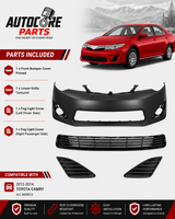 AutoCore Parts Front Bumper Cover Primed + Lower Grille + Fog Light Cover Set Textured Compatible with 2012-2014 Toyota Camry | Direct Replacement | TO1036128 TO1000378 TO1039147 TO1038147