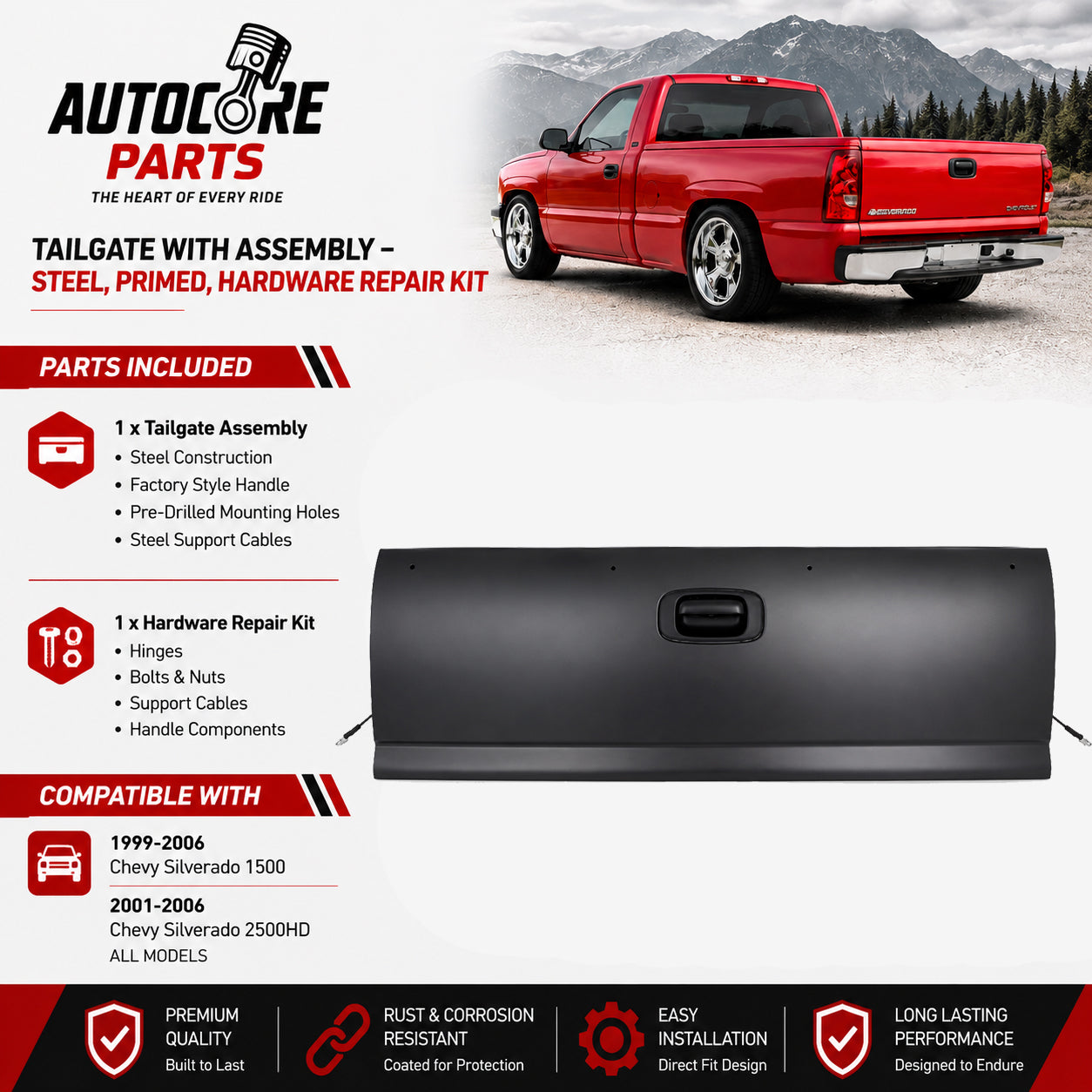 AutoCore Parts Tailgate Assembly Fleetside Primed Steel with Hardware Compatible with 1999-2006 Chevrolet Silverado 1500 2500HD | Direct Replacement | GM1900124 15231877