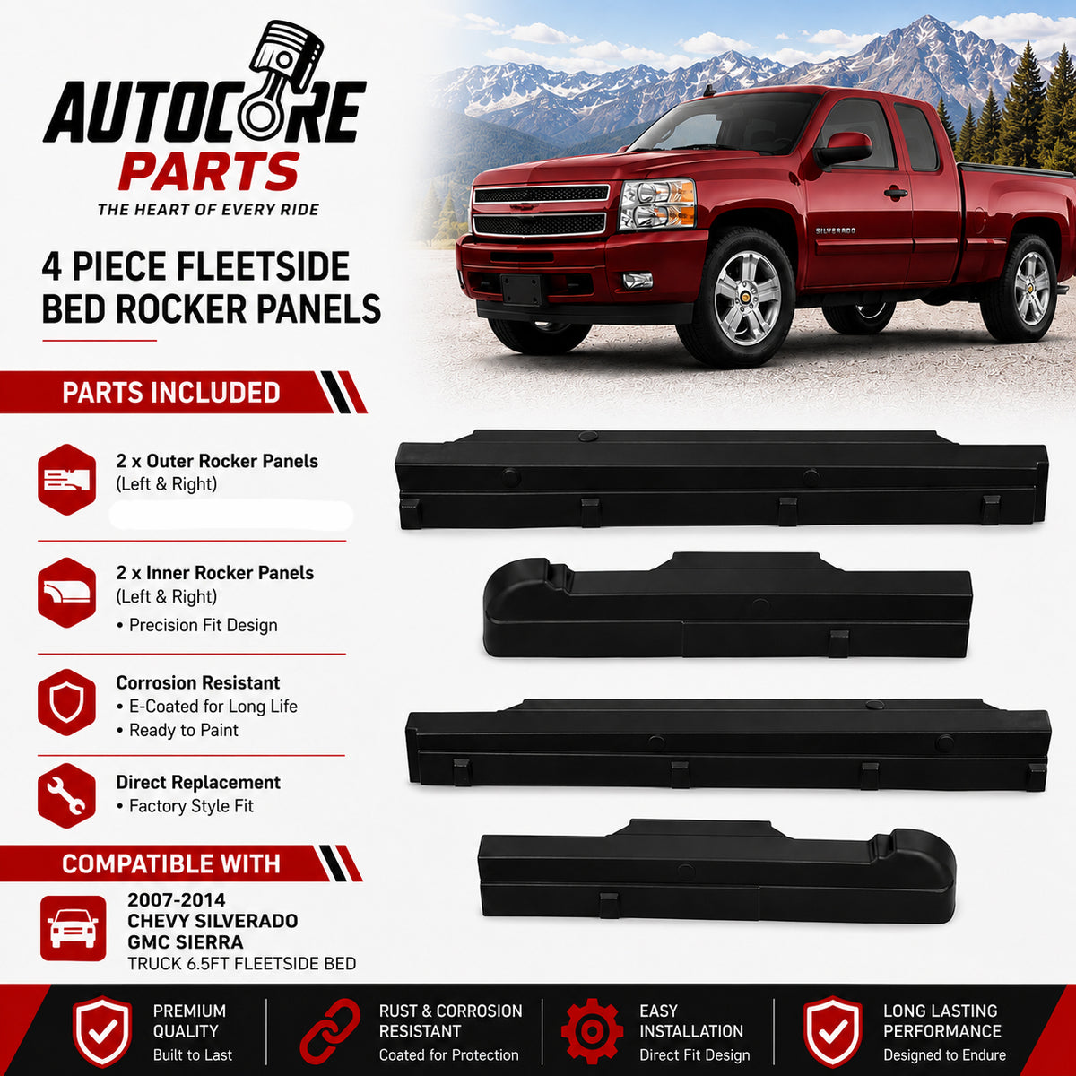 AutoCore Parts Fleetside Bed Rocker Panels Fit for 2007-2014 Compatible with Chevrolet Silverado | GMC Sierra Truck 6.5ft Panel Protector Guard Cover