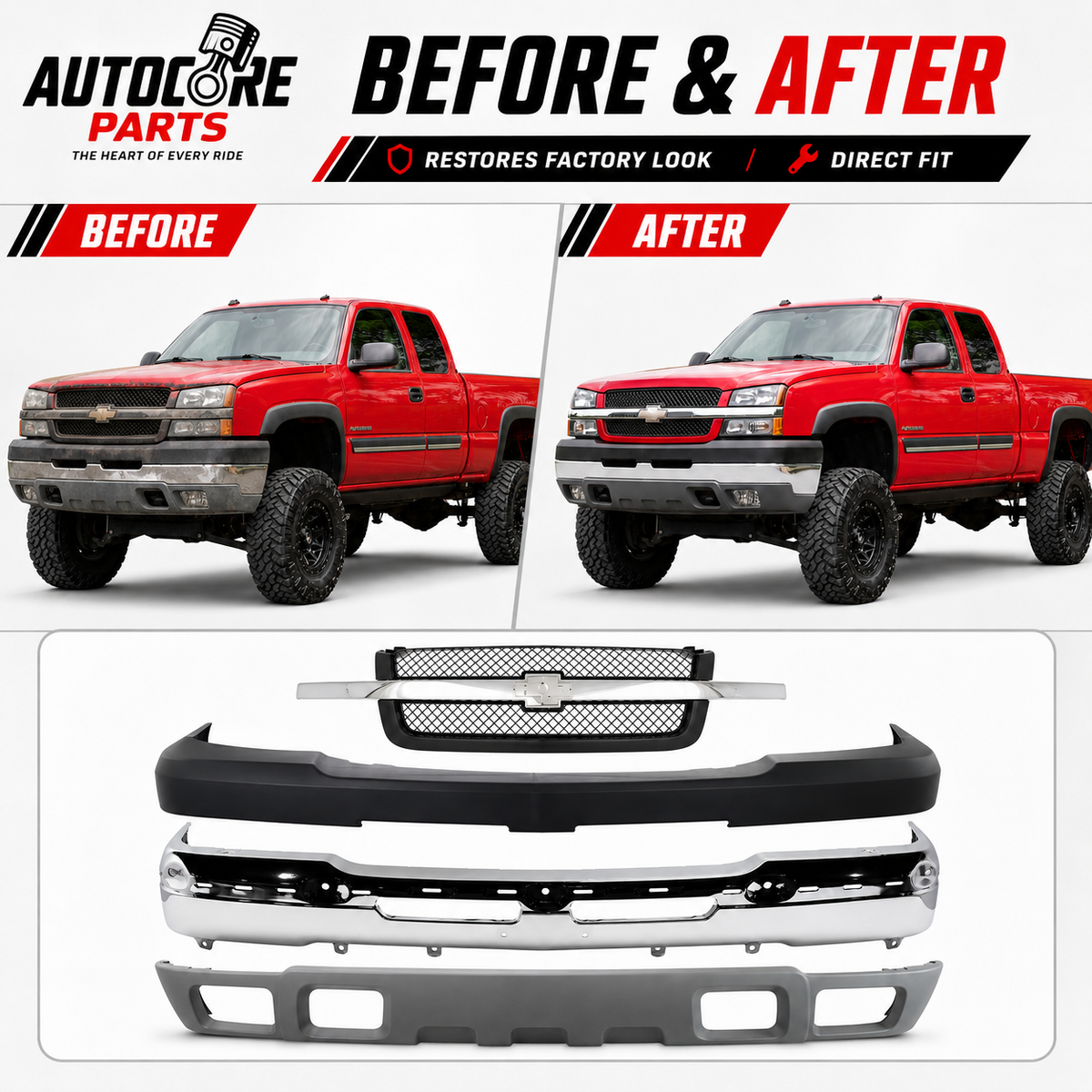 AutoCore Parts Front Front Bumper Chrome + Grille + Upper Cover + Lower Valance Textured Compatible With 2003-2006 Chevrolet Silverado 2500HD 3500 | Direct Replacement | GM1200489 GM1002416