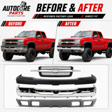 AutoCore Parts Front Front Bumper Chrome + Grille + Upper Cover + Lower Valance Textured Compatible With 2003-2006 Chevrolet Silverado 2500HD 3500 | Direct Replacement | GM1200489 GM1002416
