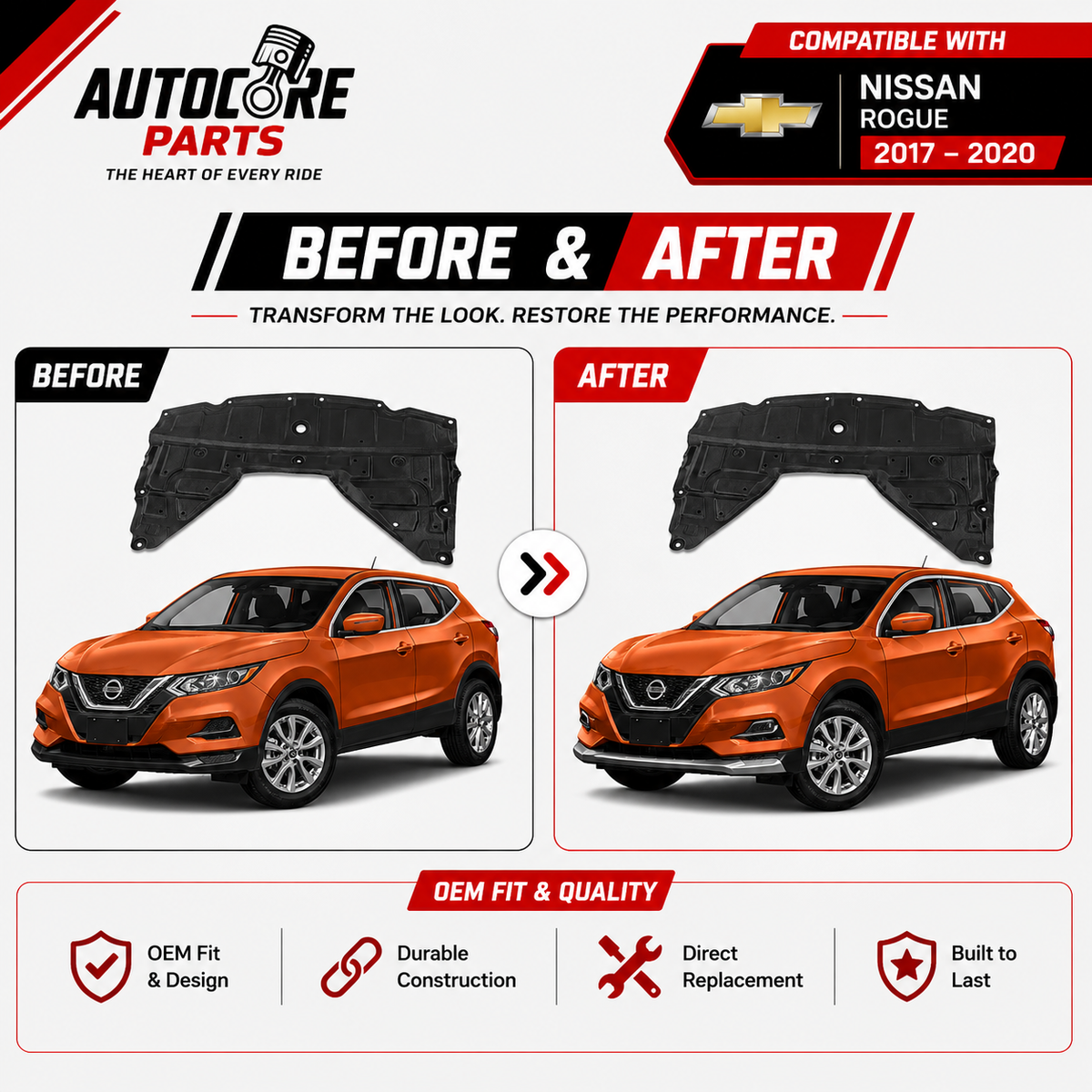 AutoCore Parts Front Engine Splash Shield Under Cover Compatible with 2014-2020 Nissan Rogue | SUV | Direct Replacement | NI1228150 | 758924BA0A