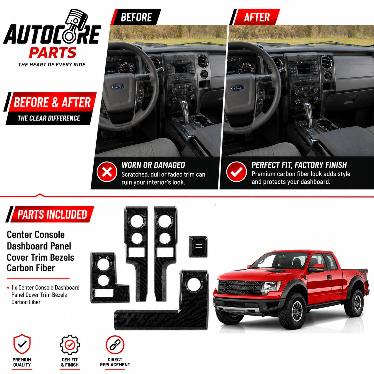 AutoCore Parts Center Console Dashboard Panel Cover Trim Bezels Compatible with 2009-2014 Ford F150 | Direct Replacement | Polished Black Carbon Fiber