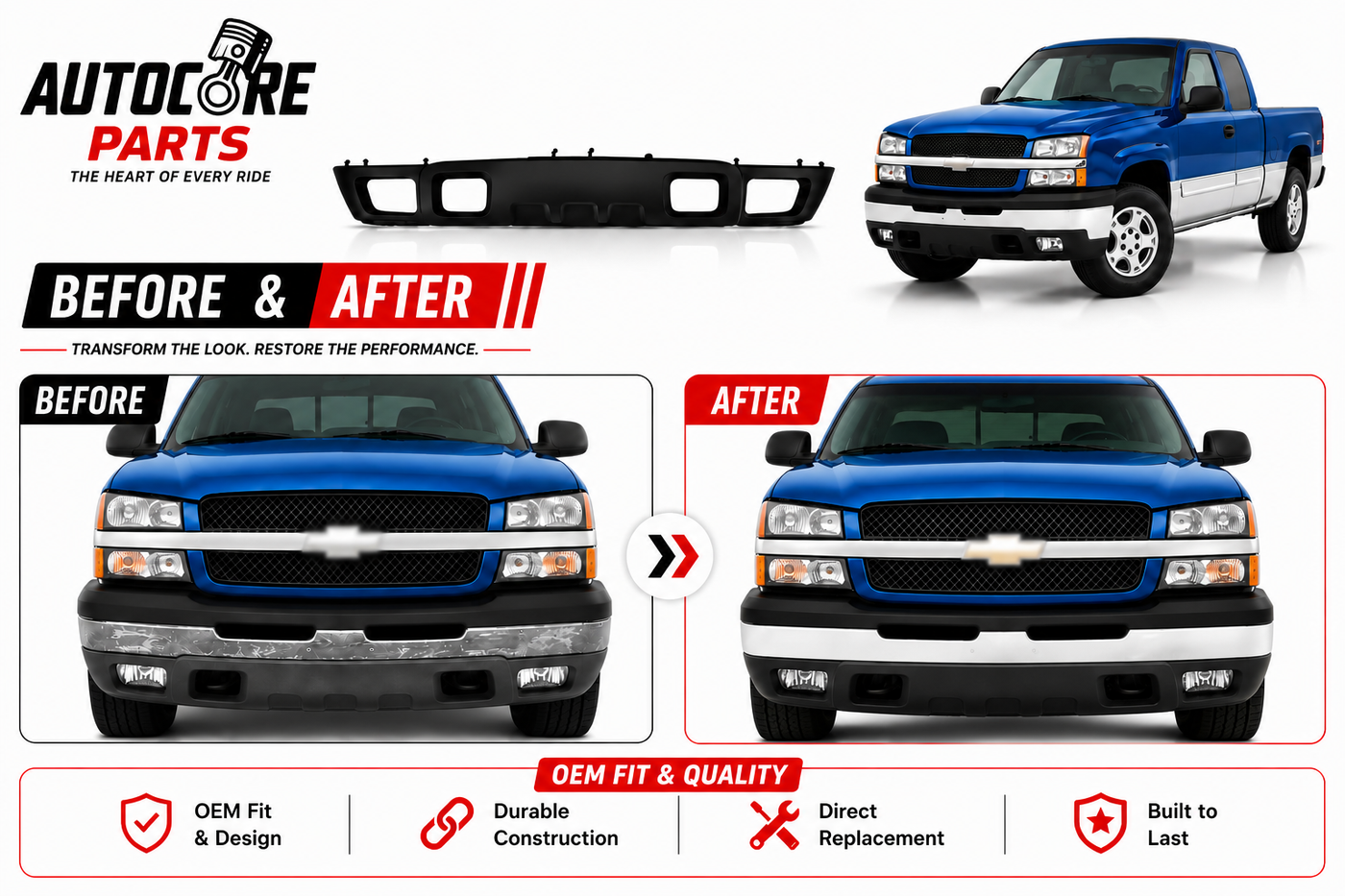 AutoCore Parts Front Bumper Lower Valance Air Deflector Textured Black Compatible with 2002-2006 Chevrolet Avalanche | 2003-2006 Silverado 1500 2500 HD 3500 | Direct Replacement | GM1092204 10397999
