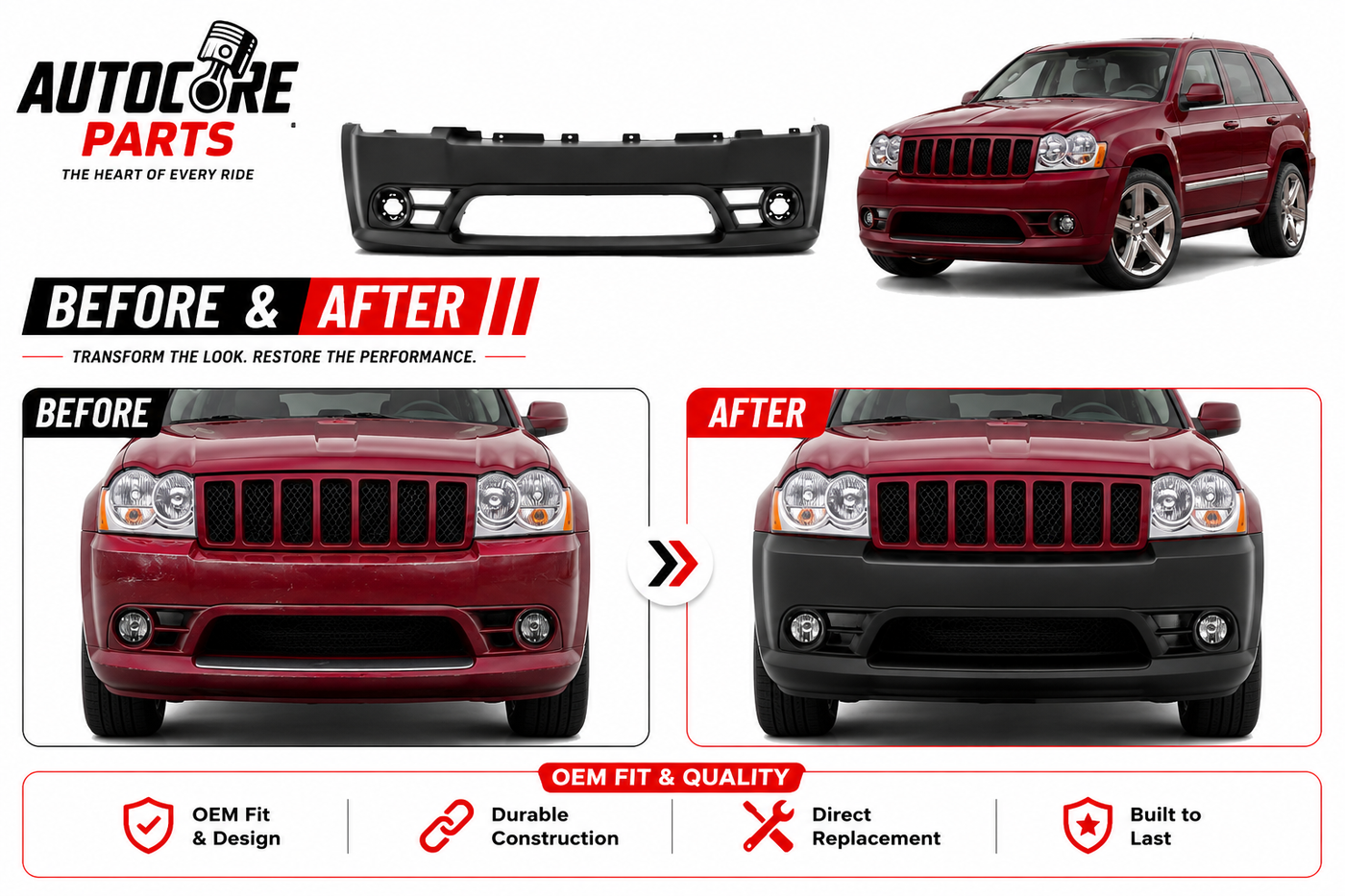 AutoCore Parts Front Bumper Cover Primed With Molding Holes Compatible with 2006-2008 Jeep Grand Cherokee SRT8 | Direct Replacement | CH1000465 68035608AC