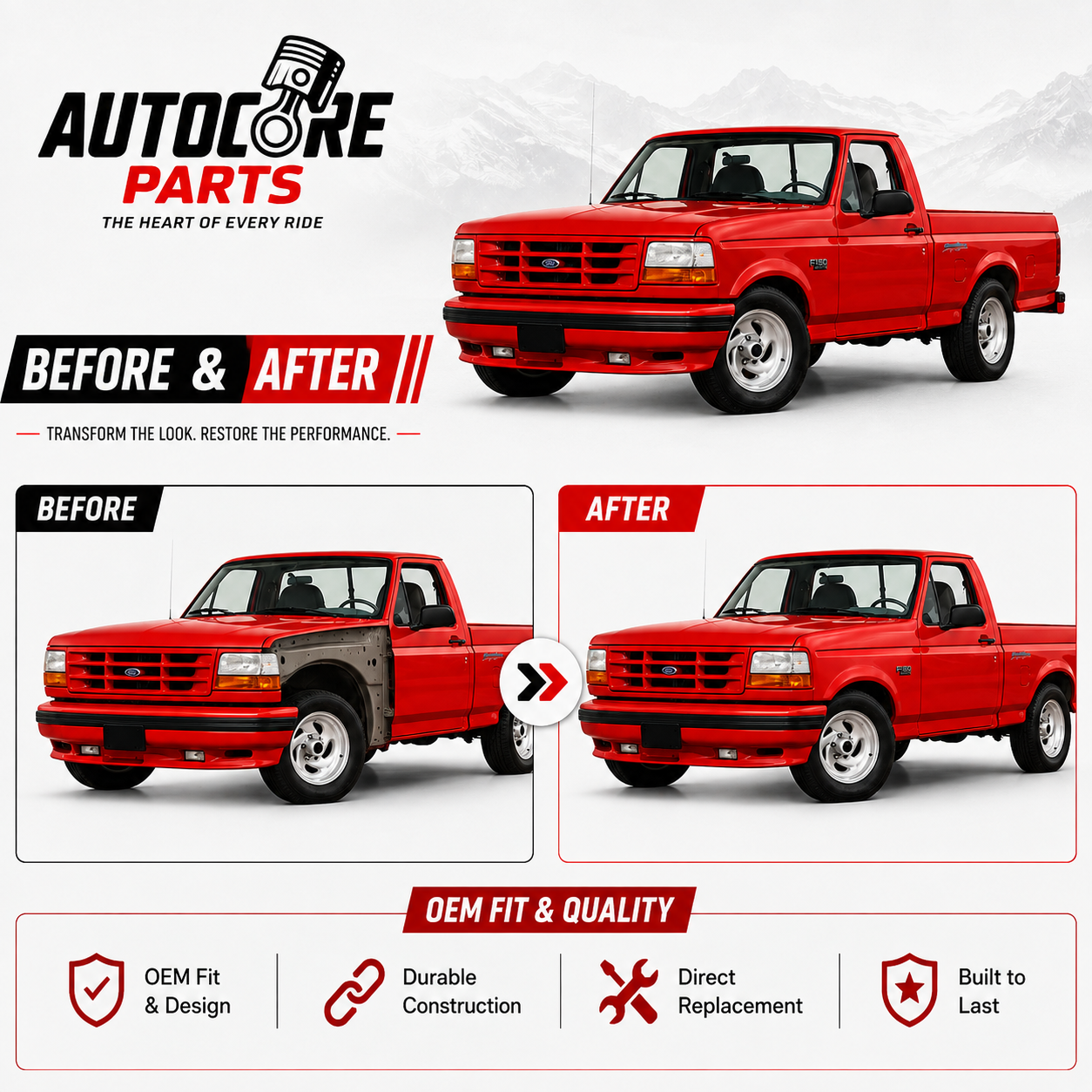 AutoCore Parts Front Fenders Driver and Passenger Side SET Compatible with 1992-1997 Ford F150 F250 F350 Direct Replacement | With Emblem Provision | FO1240138 FO1241136 F2TZ16005A F4TZ16006A