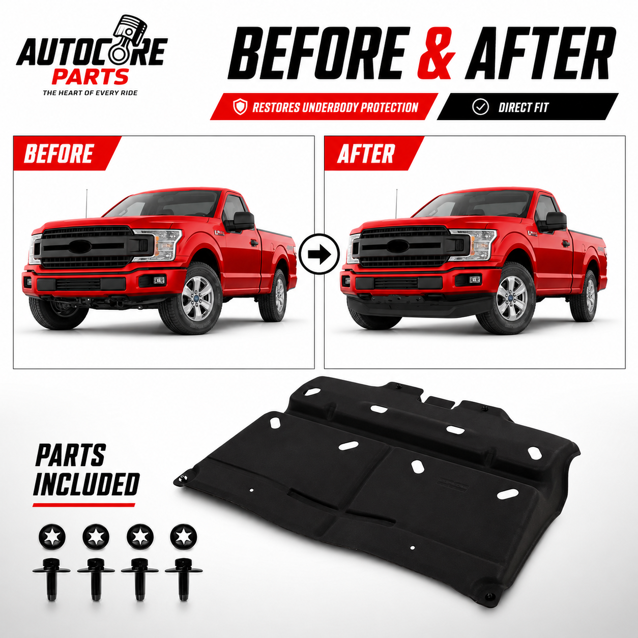 AutoCore Parts Front Engine Splash Shield Guard Under Cover Compatible with 2018-2024 Ford F-150 | Direct Replacement | ML3Z-7222-D | JL3Z-7222-C