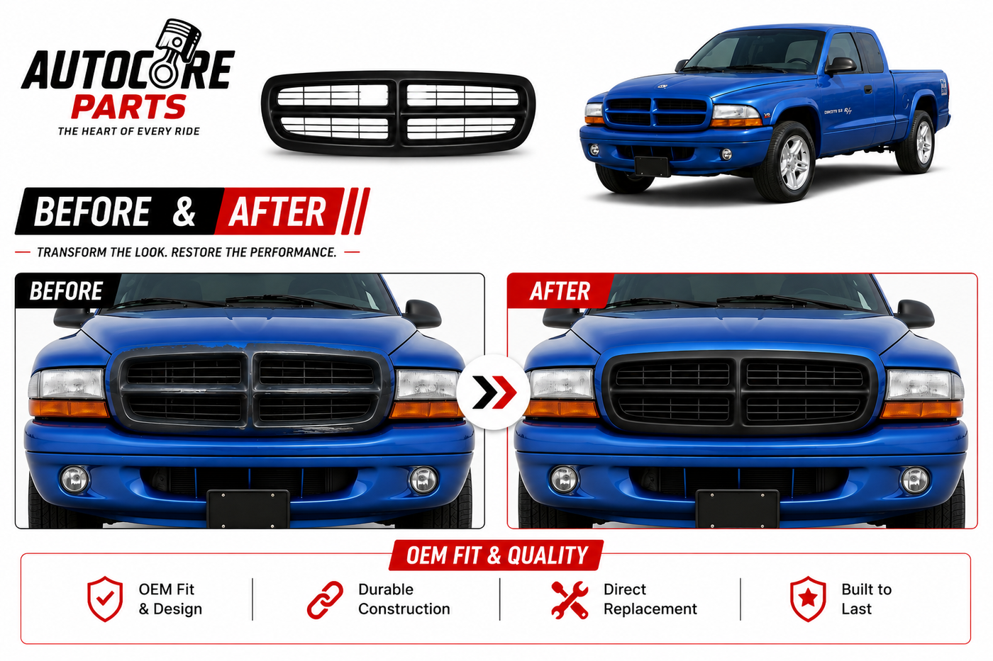 AutoCore Parts Front Bumper Upper Grille Primed Shell & Insert Compatible with 1997-2004 Dodge Dakota | 1998-2003 Dodge Durango | Direct Replacement | CH1200200 05179422AA