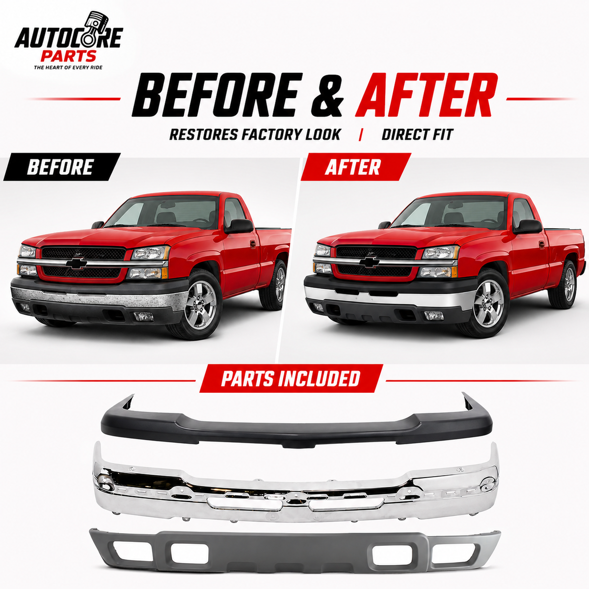 AutoCore Parts Front Bumper Face Bar Chrome + Upper Cover Textured + Lower Valance Textured Gray Compatible with 2002-2006 Chevrolet Silverado 1500 | Direct Replacement | GM1051110 GM1002416 GM1092173
