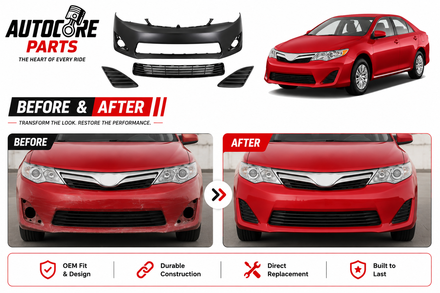AutoCore Parts Front Bumper Cover Primed + Lower Grille + Fog Light Cover Set Textured Compatible with 2012-2014 Toyota Camry | Direct Replacement | TO1036128 TO1000378 TO1039147 TO1038147