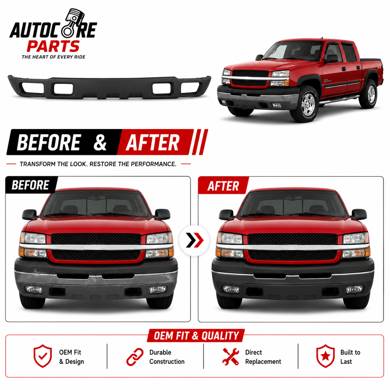 AutoCore Parts Front Bumper Lower Valance Air Deflector Textured Compatible with 2002-2006 Chevrolet Avalanche | 2003-2006 Silverado 1500 2500 HD 3500 | Direct Replacement | GM1092173 10367213
