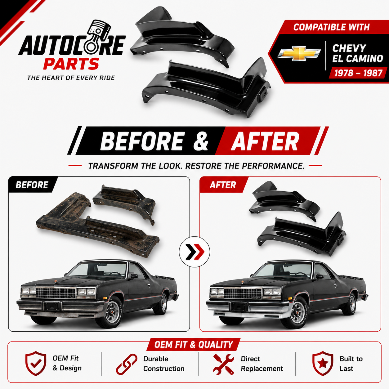 AutoCore Parts Front Bumper Fillers Set kit 2-Piece Compatible with 1978-1987 Chevrolet El Camino | GMC Caballero | Direct Replacement | SMT10943