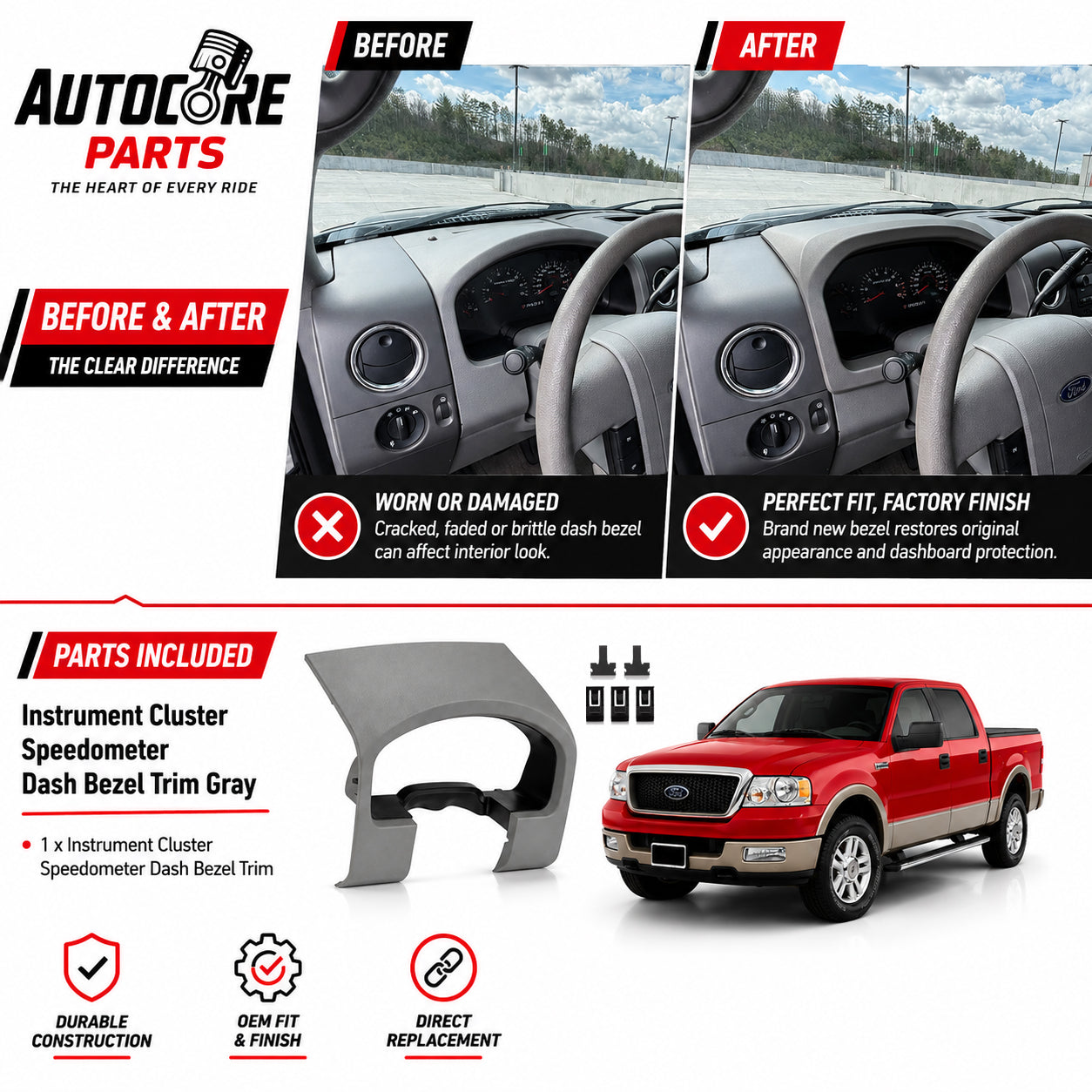 AutoCore Parts OE Quality Instrument Cluster Speedometer Dash Bezel Trim Gray Compatible with 2004-2008 Ford F150 | Direct Replacement | 02ITM1201AGYPIT-NEW25