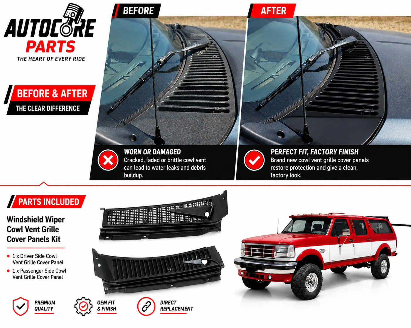 AutoCore Parts Windshield Wiper Cowl Vent Grille Cover Panels Kit Compatible with 1999-2007 F250 F350 Super Duty | 2000-2005 Ford Excursion | Direct Replacement | 3C3Z-25022A68-AAA 4C3Z-25022A69-AAA