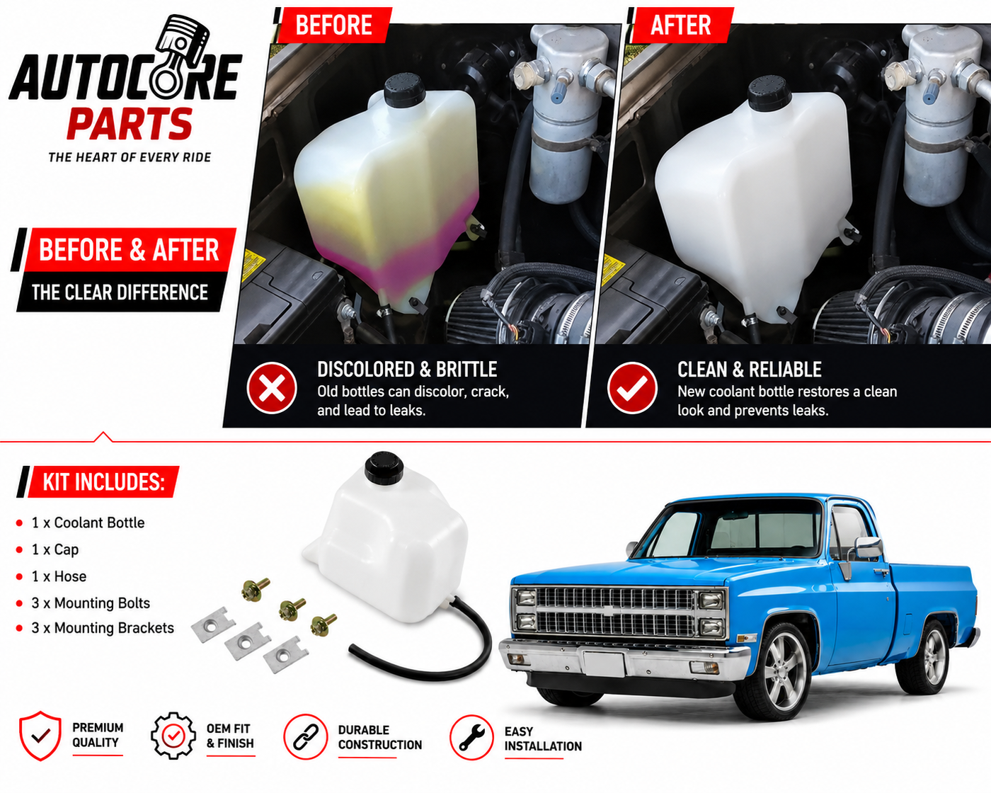 AutoCore Parts Coolant Bottle & Cap W/Mounting Hardware & Hose Compatible with 1981-1987 Chevy GMC GM Truck | Direct Replacement | 02TKA4501BWTHTN