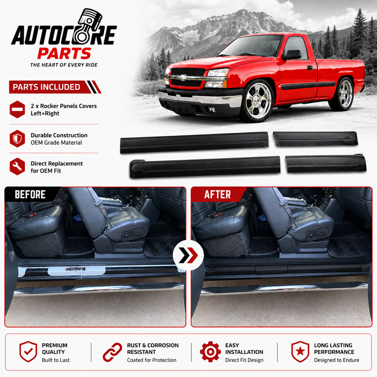 AutoCore Parts Rocker Panels Covers Guard Compatible with 1999-2006 Chevrolet Silverado | GMC Sierra 1500 2500 3500 Classic Extended Cab | Direct Replacement | 14068