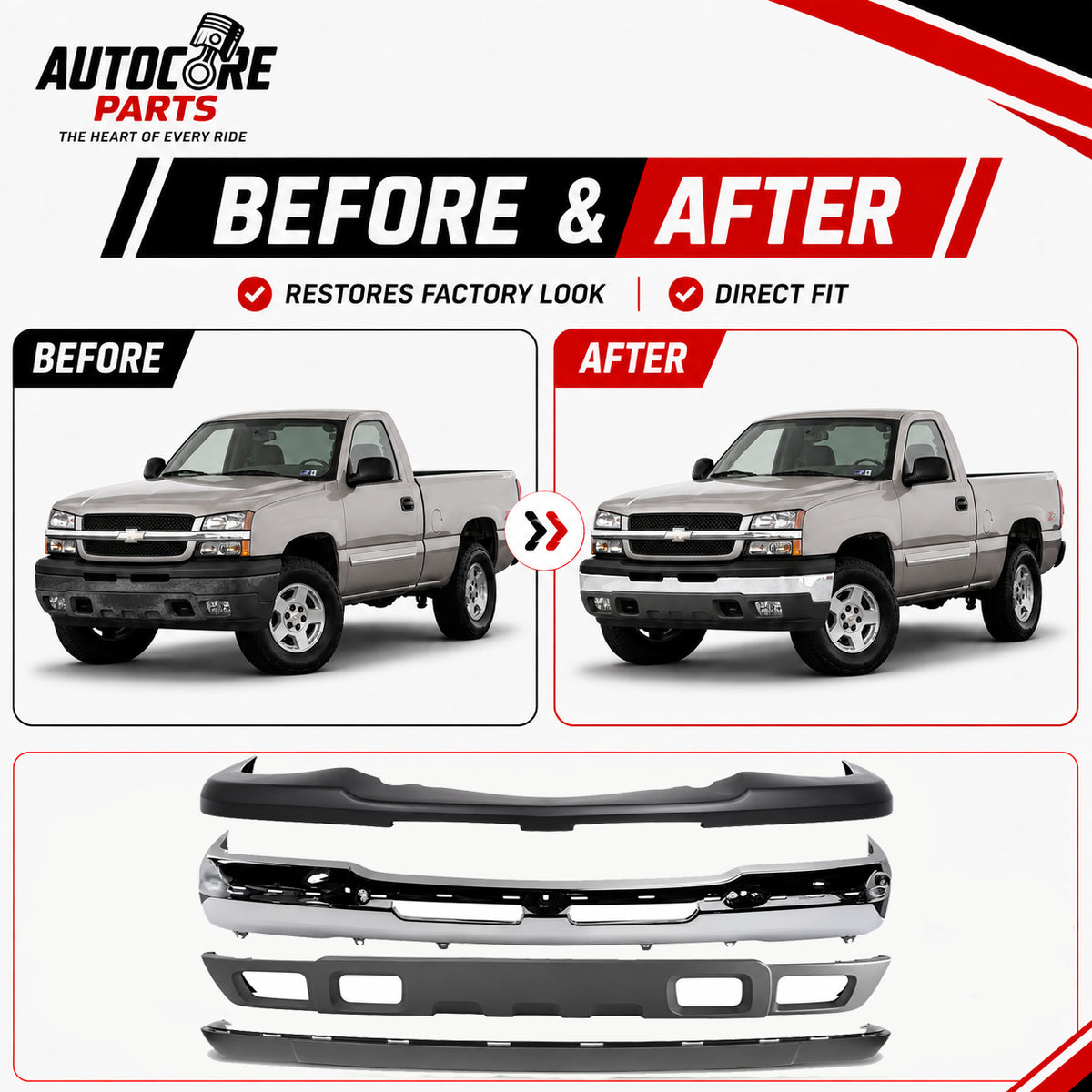 AutoCore Parts Front Front Bumper Chrome + Upper Cover + Lower Valance + Extension Textured Compatible With 2003-2006 Chevrolet Silverado 1500 | Direct Replacement | GM1051110 GM1002416 GM1092200