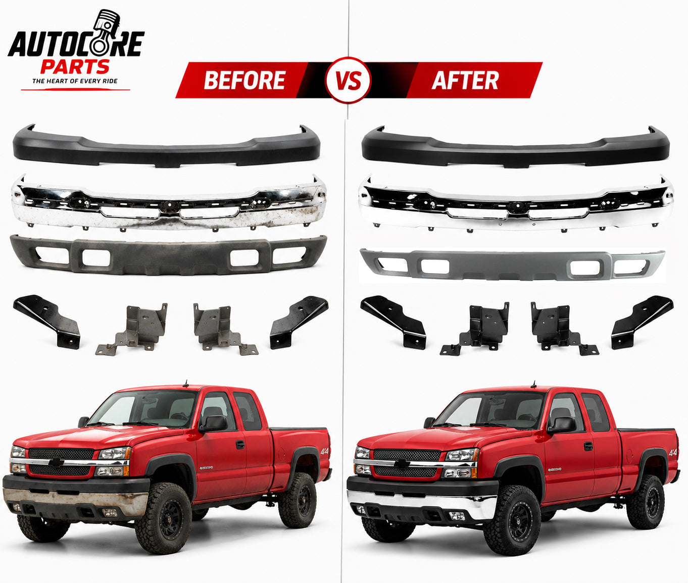 AutoCore Parts Front Bumper Chrome + Upper Cover + Lower Valance + Brackets Set 4 Piece Compatible With 2003-2006 Chevrolet Silverado 2500HD 3500 | Direct Replacement | GM1002416