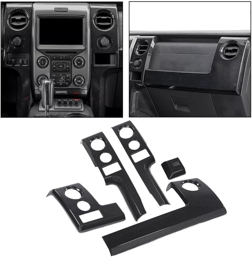 AutoCore Parts Center Console Dashboard Panel Cover Trim Bezels Compatible with 2009-2014 Ford F150 | Direct Replacement | Polished Black Carbon Fiber