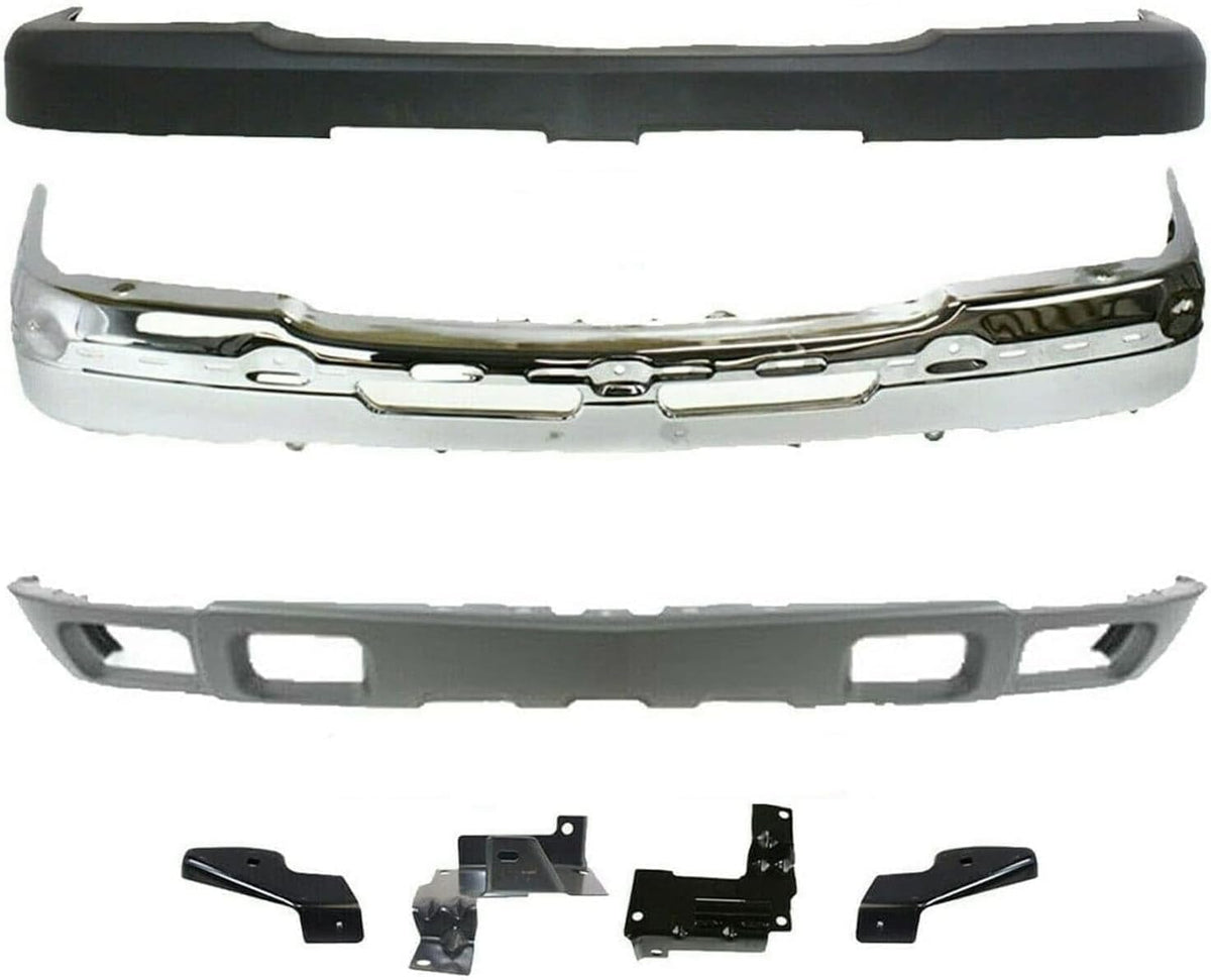 AutoCore Parts Front Bumper Chrome + Upper Cover + Lower Valance + Brackets Set 4 Piece Compatible With 2003-2006 Chevrolet Silverado 2500HD 3500 | Direct Replacement | GM1002416