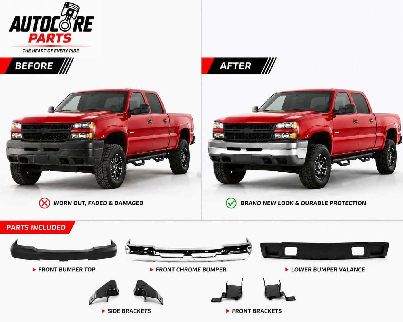 AutoCore Parts Front Bumper Chrome + Upper Cover + Lower Valance Textured + Bracket Set 2003-2006 Chevrolet Silverado 2500HD 3500 | Direct Replacement | GM1002416 GM1051109 GM1092205 GM1061101