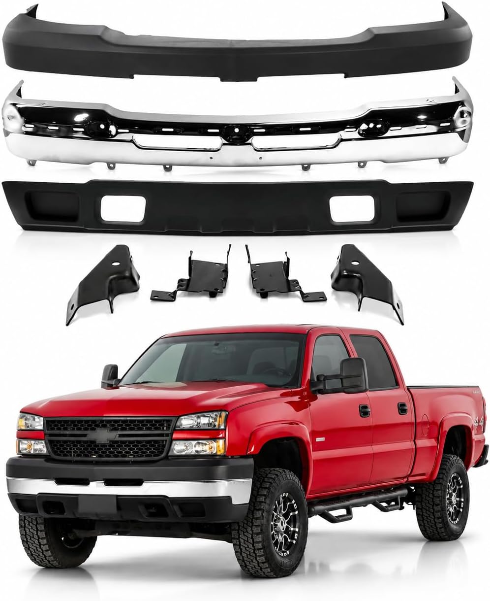 AutoCore Parts Front Bumper Chrome + Upper Cover + Lower Valance Textured + Bracket Set 2003-2006 Chevrolet Silverado 2500HD 3500 | Direct Replacement | GM1002416 GM1051109 GM1092205 GM1061101