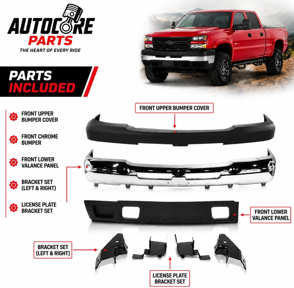 AutoCore Parts Front Bumper Chrome + Upper Cover + Lower Valance Textured + Bracket Set 2003-2006 Chevrolet Silverado 2500HD 3500 | Direct Replacement | GM1002416 GM1051109 GM1092205 GM1061101